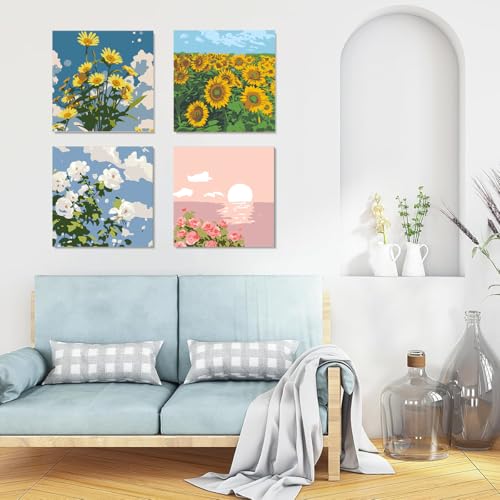 HASTHIP® Pack of 4 DIY Oil Painting Paint by Numbers with Frame Sunflower Rose Oil Art Painting Wall Hanging DIY Canvas Painting with Painting Tool Kit Wall Decoration, 7.8x7.8inch HASTHIP® Pack of 4 DIY Oil Painting Paint by Numbers with Frame Sunflower Rose Oil Art Painting Wall Hanging DIY Canvas Painting with Painting Tool Kit Wall Decoration, 7.8x7.8inch